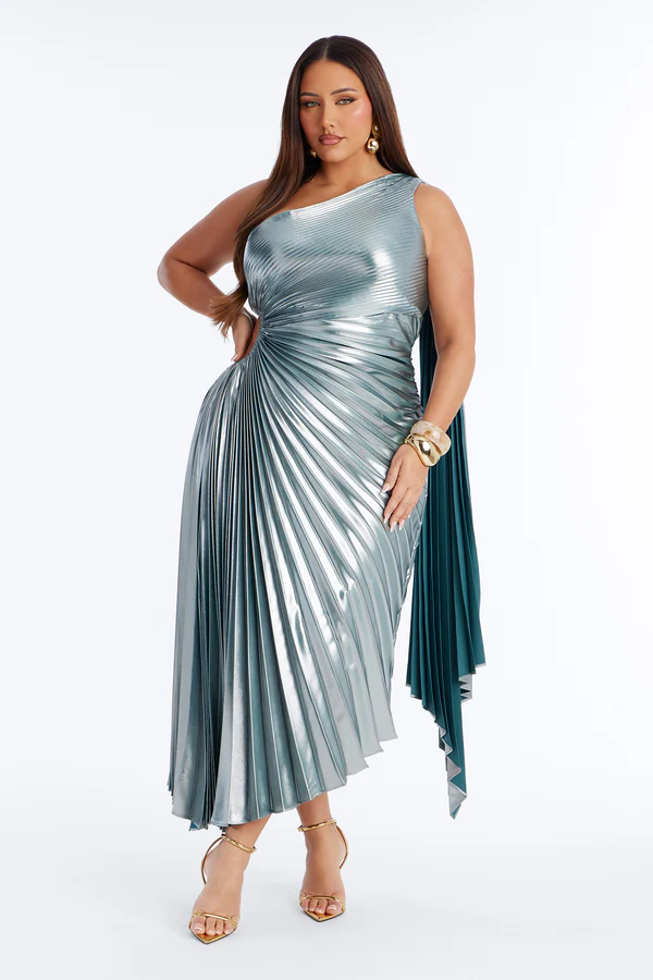 Teal Glow Pleated Gown