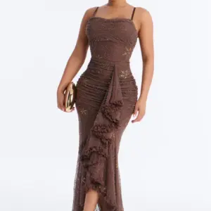 Cocoa Elegance Beaded Maxi Dress