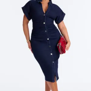 Midnight Denim Ruched Midi Dress
