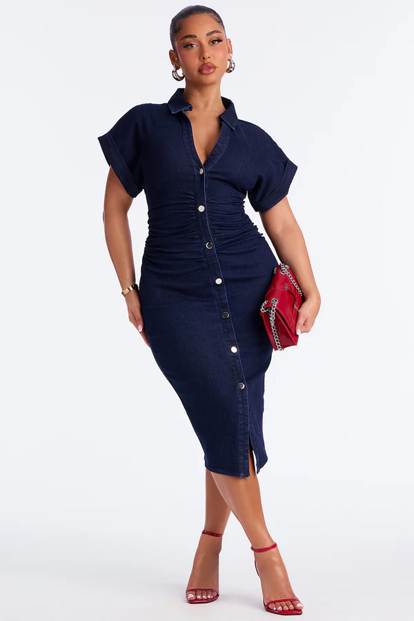 Midnight Denim Ruched Midi Dress